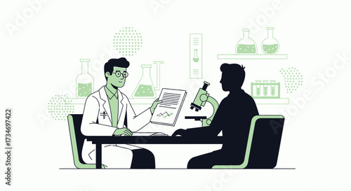 Doctor explaining results of medical test to patient in a laboratory setting