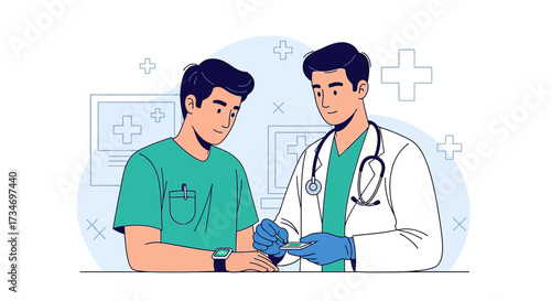 Doctor explaining results to a patient modern line art illustration for healthcare design