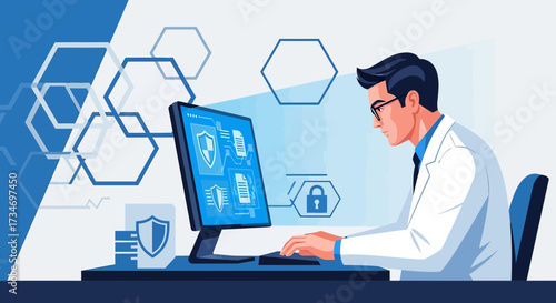 Doctor using cybersecurity software to protect patient data privacy in healthcare sector