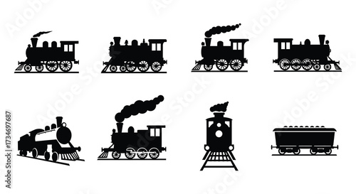 Black silhouette icons depicting various styles of vintage steam locomotives