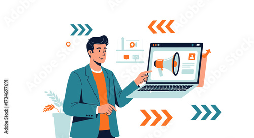 Engaging man presenting digital marketing strategy with megaphone on laptop screen