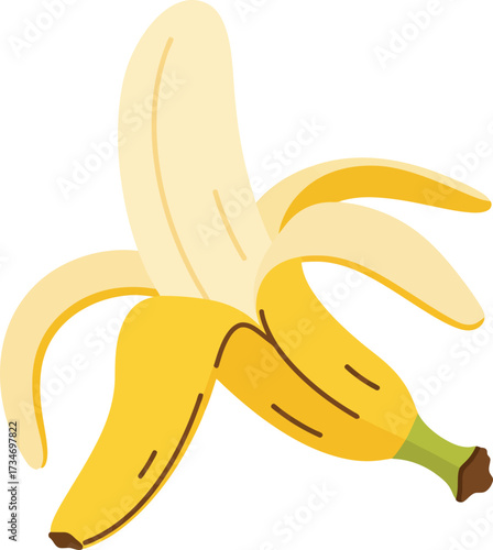 Bright yellow peeled banana with open peel revealing delicious fruit healthy snack food item flat design vector illustration white background