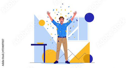 Enthusiastic man celebrating success amidst confetti and geometric shapes illustration