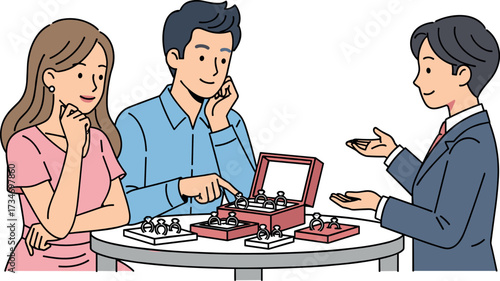Couple shopping for rings with salesperson