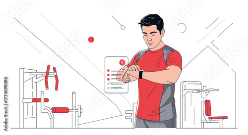 Fitness Enthusiast Monitoring Workout Progress on Smartwatch in Gym Illustration