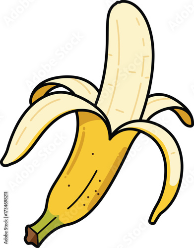 Whimsical cartoon banana partially peeled delightful fruit yellow snack healthy food flat design vector illustration white background