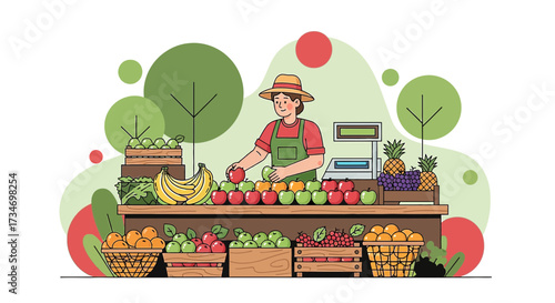 Fresh produce market illustration with vendor and assortment of colorful fruits vector