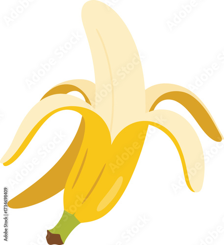 Juicy ripe banana partially peeled delicious tropical fruit food health sweet snack flat design vector illustration white background