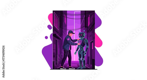 Futuristic Collaboration: Human Technician Interacting with Advanced Robot in Urban Setting