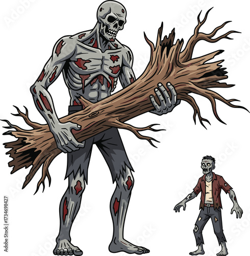 Giant skeletal zombie, towering undead monster, creepy decayed creature, horror fantasy, scary artwork, spooky illustration, Halloween theme, nightmare design, dark apocalypse