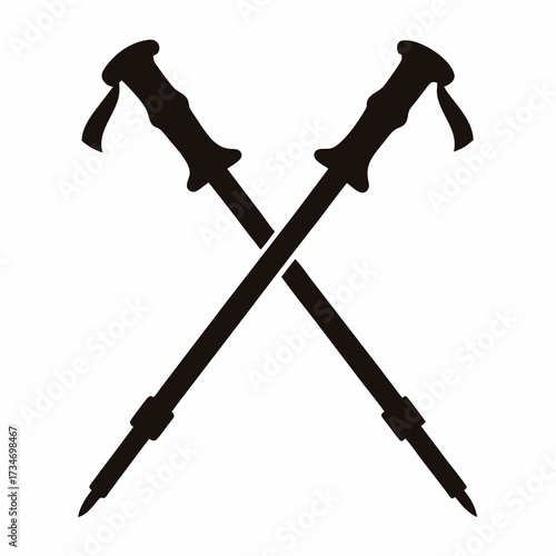 Black silhouette image of two trekking poles crossed in an X shape