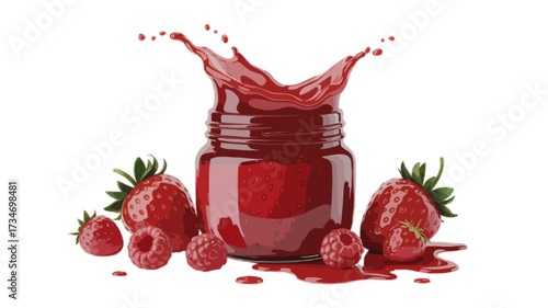 strawberry jam in glass splashing with fruits isolated on transparent background 