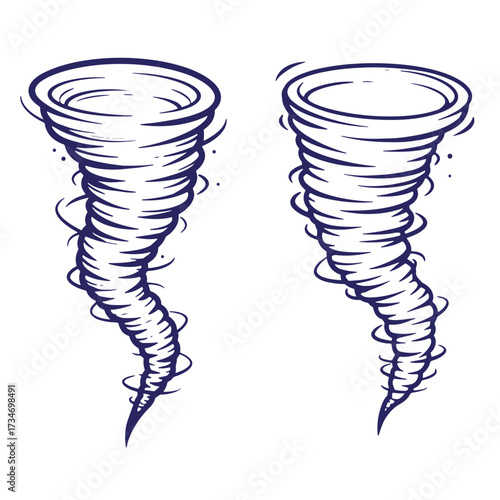 Two hand drawn tornado or twister illustrations in dark blue on white background