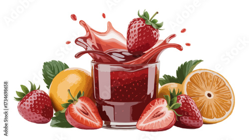  strawberry jam in glass splashing with fruits isolated on transparent background 