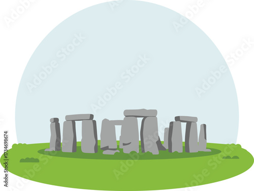 Cartoon stonehenge monument standing on a grassy hill under a pale sky a classic ancient historical landmark flat design vector illustration white background