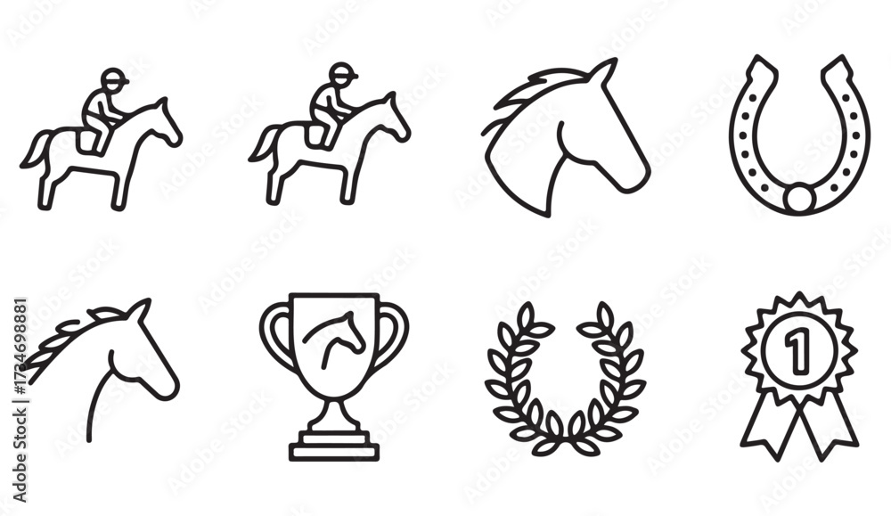 Obraz premium Horse riding and equestrian line icons including jockey, horseshoe, trophy, and award ribbon for sports and competition design