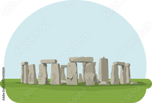 Whimsical stonehenge cartoon art simple stones green grass blue sky background landmark flat design vector illustration white background