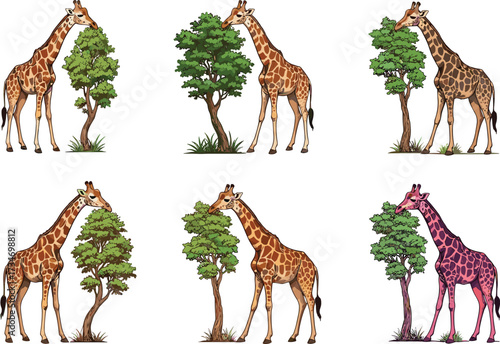 Cartoon giraffe eating leaves from tree, African wildlife illustration, jungle safari animal artwork, cute herbivore drawing, giraffe vector