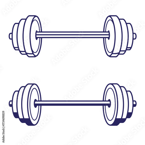 Two linear style barbells in dark blue representing strength and fitness on white background