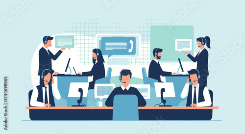 Illustrated Customer Service Representatives Providing Support in a Call Center Setting