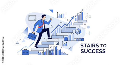Illustrated depiction of a businessman ascending stairs towards financial growth and career success