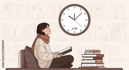 Illustration depicting a young woman immersed in reading with a backdrop of books and clock scene