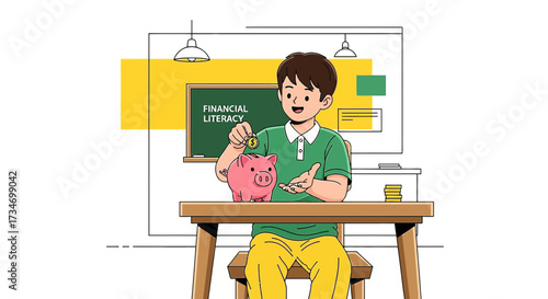 Illustration of a Boy Learning Financial Literacy by Saving Money in Piggy Bank at Desk