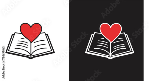 Love of reading symbolized by open books and red hearts imagery