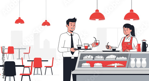 Illustration of a bright and inviting cafe scene with a waiter and waitress serving customers