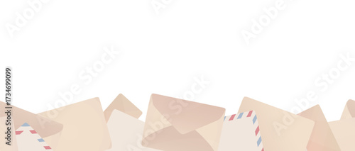 Retro paper envelopes and air mail letters seamless border. Post office stationery horizontal composition in soft gradient style. Hand drawn vector illustration. Vintage mail design in pastel colors.