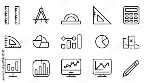 Mathematics and statistics line icons with calculators, diagrams, pie charts, and computer monitors for academic and business design