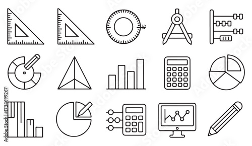 Outline vector icons collection of rulers, pencils, compass, charts, and graphs for education, learning, and business analytics projects