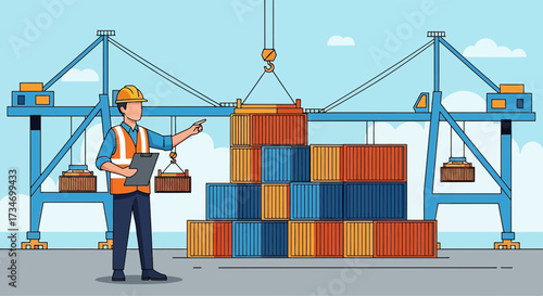 Illustration of a dock worker overseeing the loading and unloading of cargo containers at a