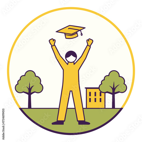 Student silhouette throwing mortarboard hat in the air, celebrating graduation, vector illustration.