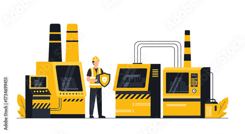 Illustration of a factory worker with machinery in the background representing industry safety