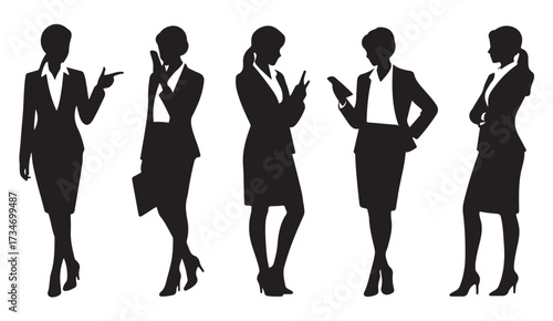 Collection of confident female executives in business attire holding devices and documents representing modern corporate roles
