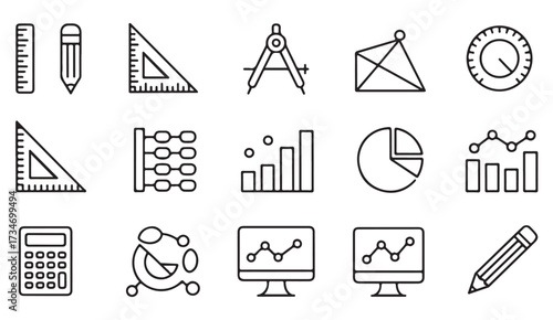 Minimal line icons set for mathematics, geometry tools, and statistical data analysis including graphs, charts, and educational instruments