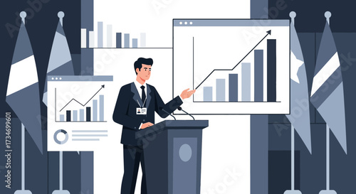 Illustration of a leader delivering a speech about growth with charts and flags