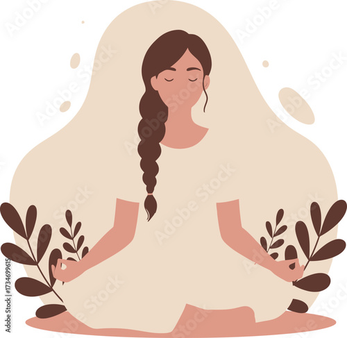 Serene woman meditating in lotus pose surrounded by calming nature elements peaceful yoga practice flat design vector illustration white background