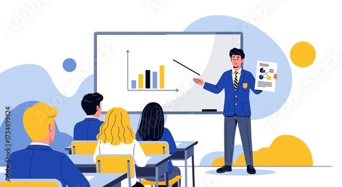 Illustration of a male teacher giving a presentation to students in a classroom setting