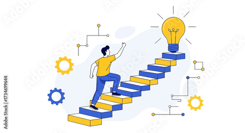 Illustration of a man climbing stairs towards a light bulb representing success concept