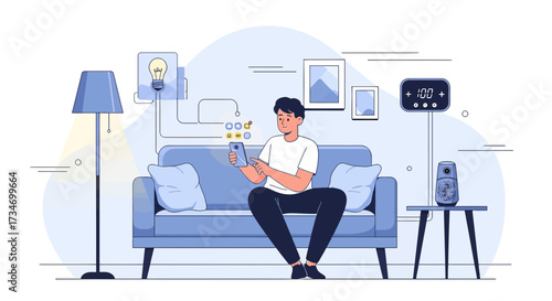 Illustration of a man controlling smart home devices with his mobile phone on the sofa