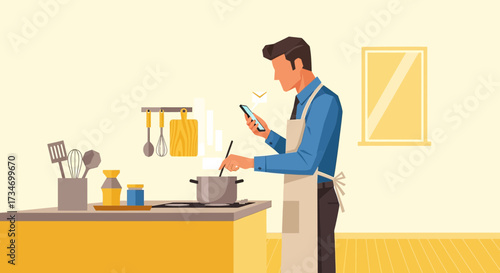 Illustration of a man cooking while using a smartphone in a stylized and minimalist kitchen setting