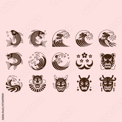 Japanese wave koi fish and demon masks dark brown icons on light pink background water