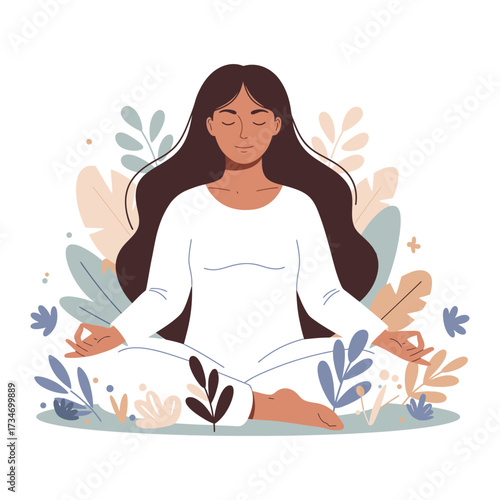 Serene woman meditating in lotus pose surrounded by lush foliage and soft pastel colors for peace and tranquility flat design vector illustration white background