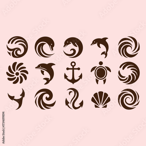 Collection of dark brown marine themed icons including dolphins turtles anchors waves and shells on a light pink background