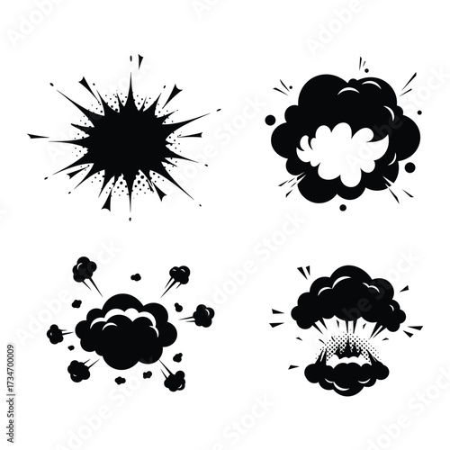 Collection of four black and white cartoon explosion and smoke graphics with dynamic effects flat design vector illustration white background