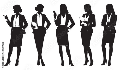 Vector silhouettes of successful businesswomen in formal suits with documents and devices symbolizing corporate leadership and teamwork