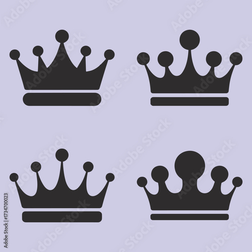 Four Stylized Dark Gray Crowns on Light Purple Background