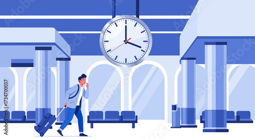 Illustration of a stressed traveler with luggage at a train station running late for departure